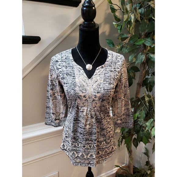 One World Gray Black Blouse SP Gray Black Embellished V Neck Stretch Boho Print - Picture 2 of 12